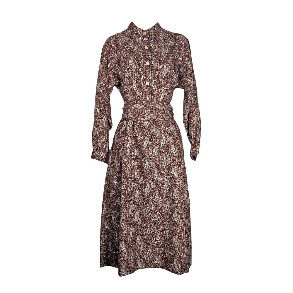 Vintage Lanz Original Paisley Dress Belted Pocketed Shirt Front Midi 70s Small
